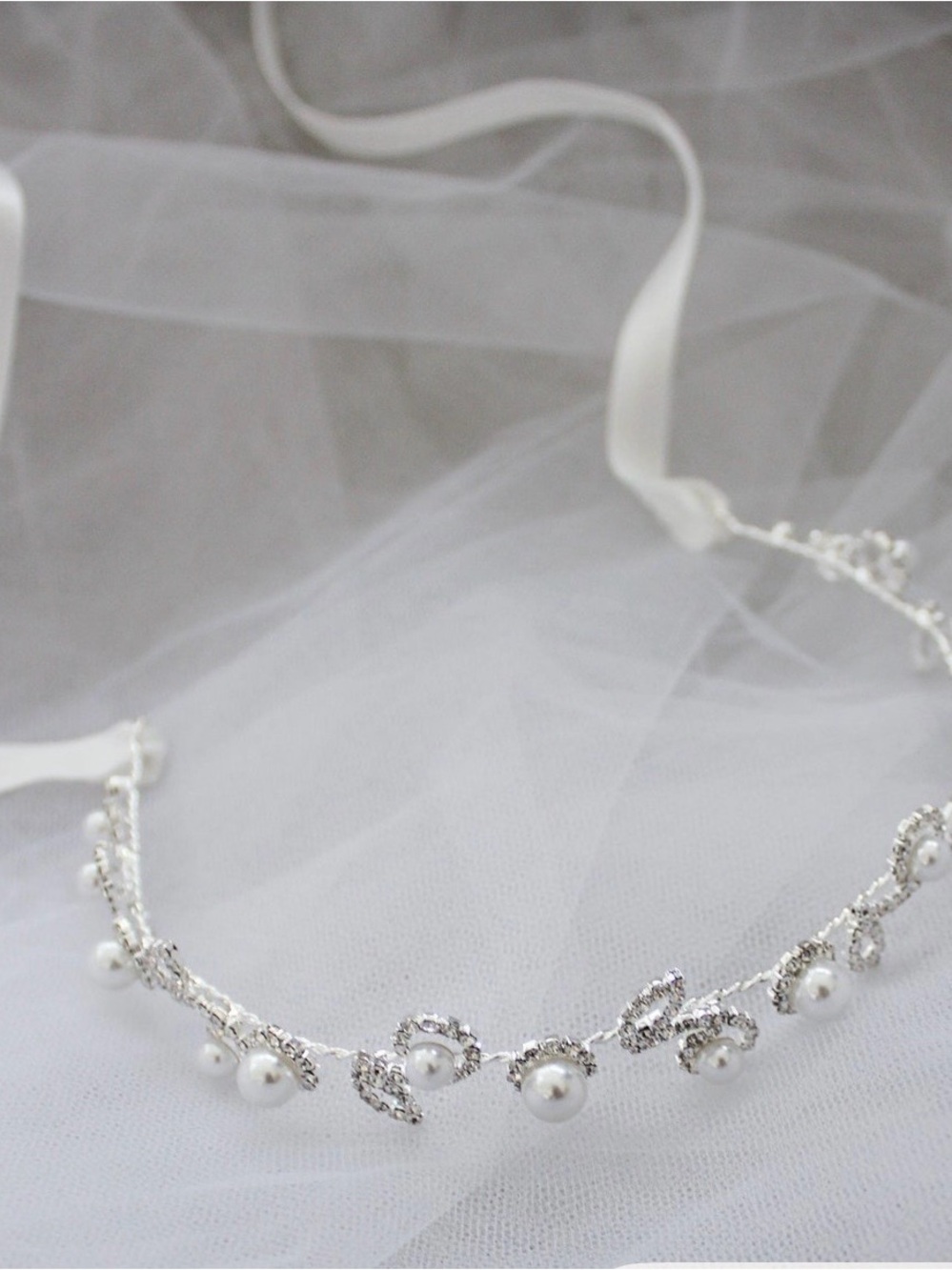 Silver Pearl and Crystal Ribbon Bridal Headpiece